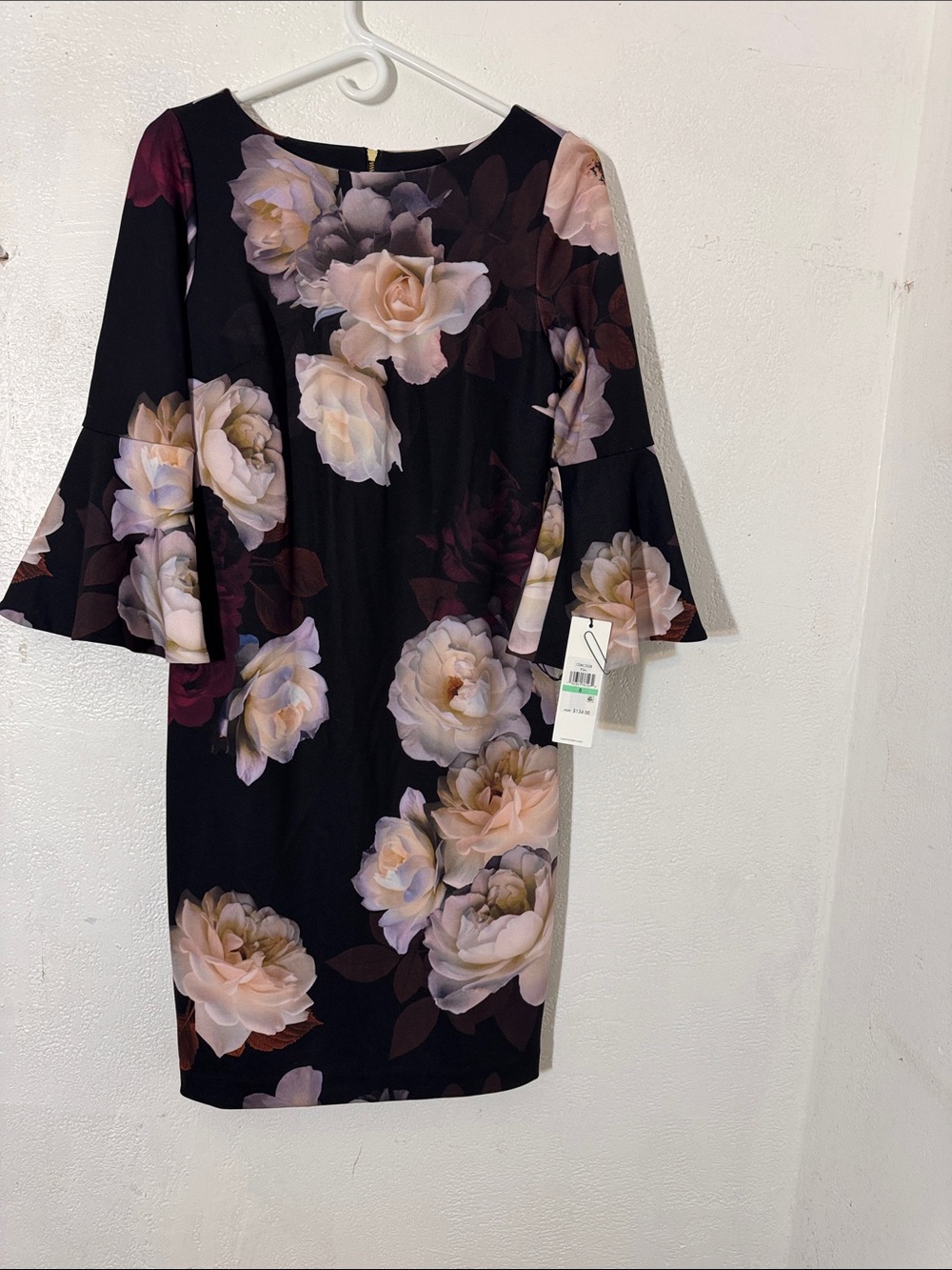 Calvin Klein Black Midi Dress with Blush Rose Print Size 8